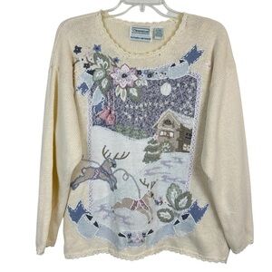 Vintage 80s Pastel Christmas Winter Scene Sweater L